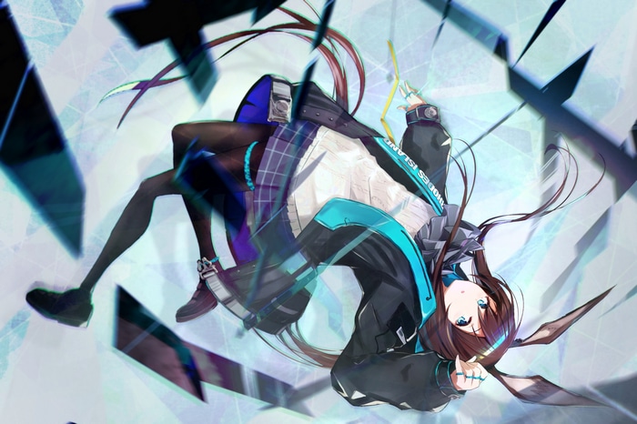 Amiya from Arknights falling through abstract shapes