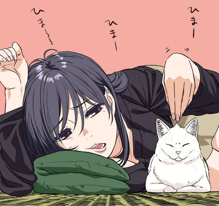 Anime girl and white cat lying down