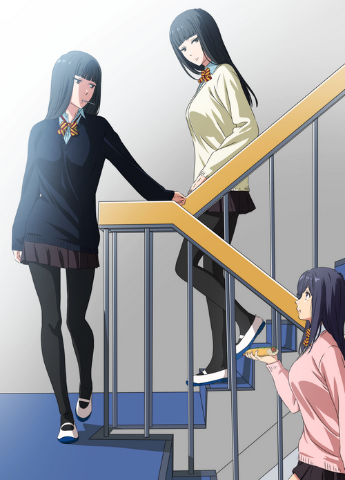 Three anime schoolgirls on a staircase