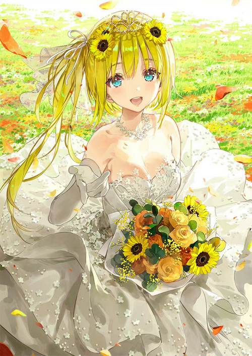Chi Guo in a wedding dress with sunflowers