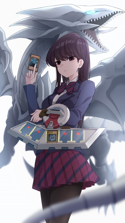 Komi Shouko with Blue-Eyes White Dragon and Yu-Gi-Oh! cards