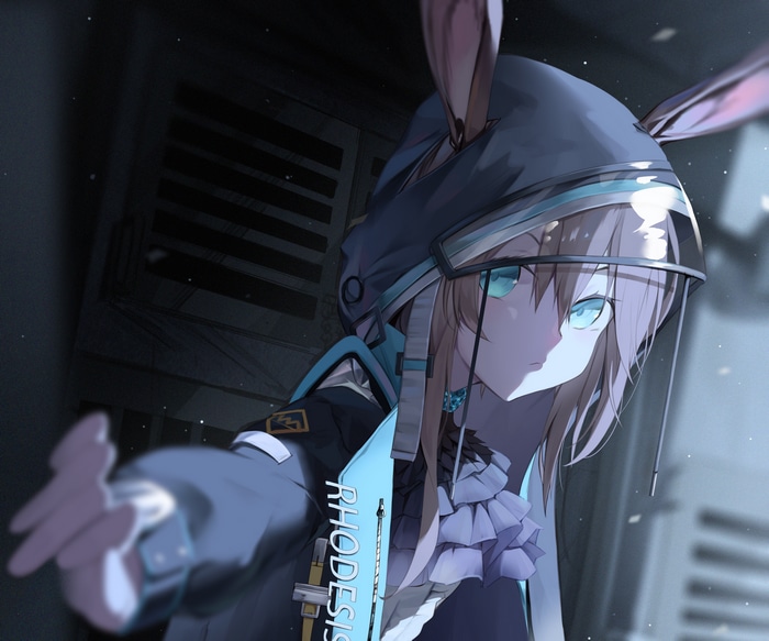 Amiya from Arknights with aqua eyes and animal ears