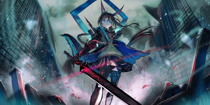 Arknights Amiya with sword in destroyed city