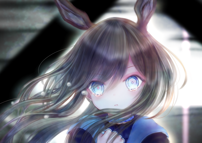Amiya from Arknights with bunny ears crying