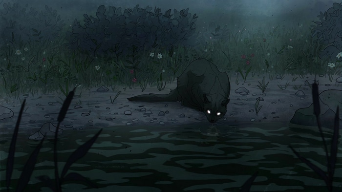 A black cat drinks from a pond at night
