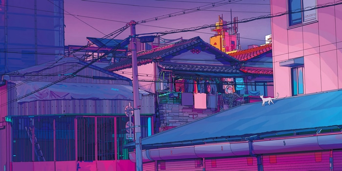 4K City Artwork with Cat on Rooftop