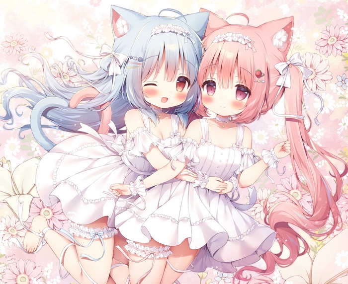 Two anime girls with cat ears in white dresses