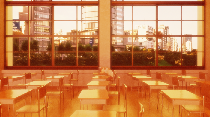 Girl sleeping in a classroom with city view