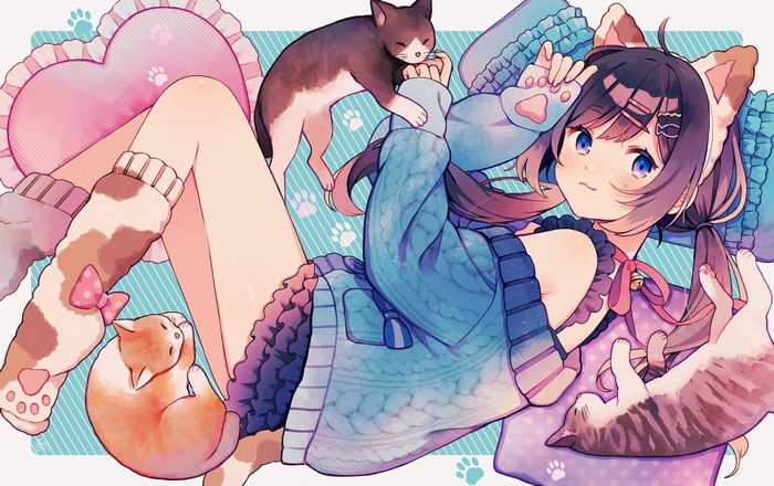 Anime girl with cat ears and cats
