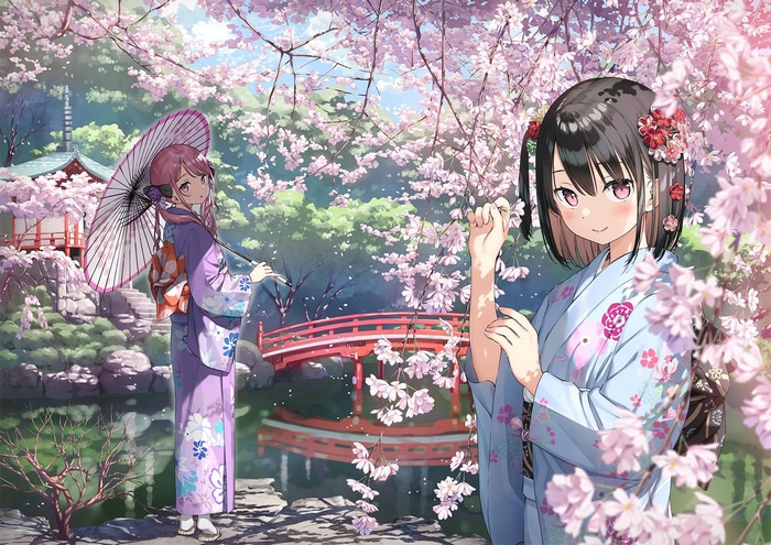 Two girls in kimonos under cherry blossoms