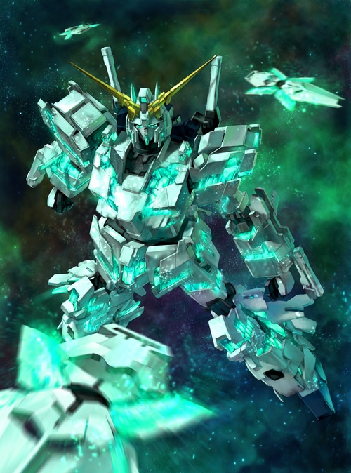 RX-0 Unicorn Gundam in space with smaller ships