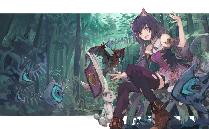 Kyaru with a book and dragon in a forest