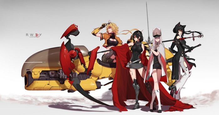 RWBY characters with a futuristic vehicle