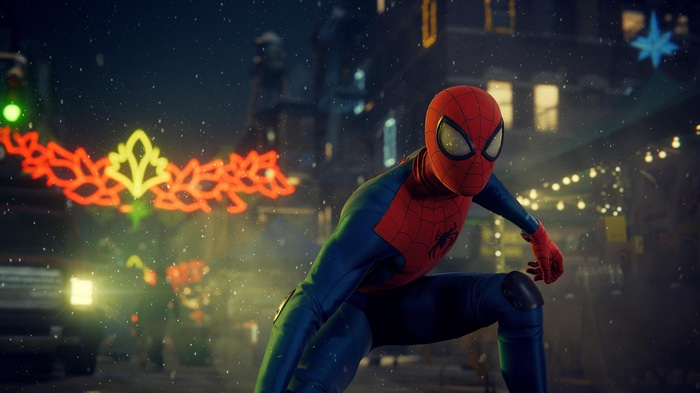 Spider-Man in a snowy city at night