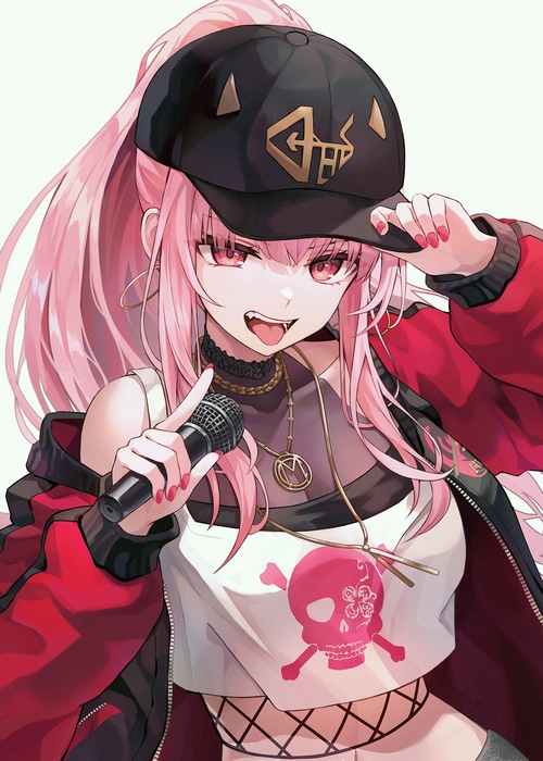 Anime girl with pink hair holding a microphone