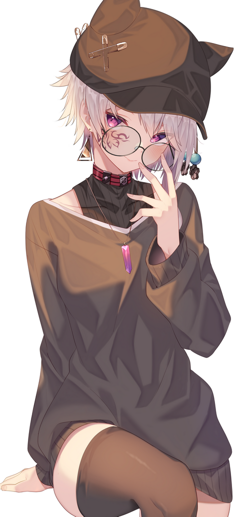 Anime girl with silver hair, purple eyes, and glasses