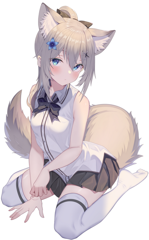 Fox girl with silver hair and blue eyes kneeling