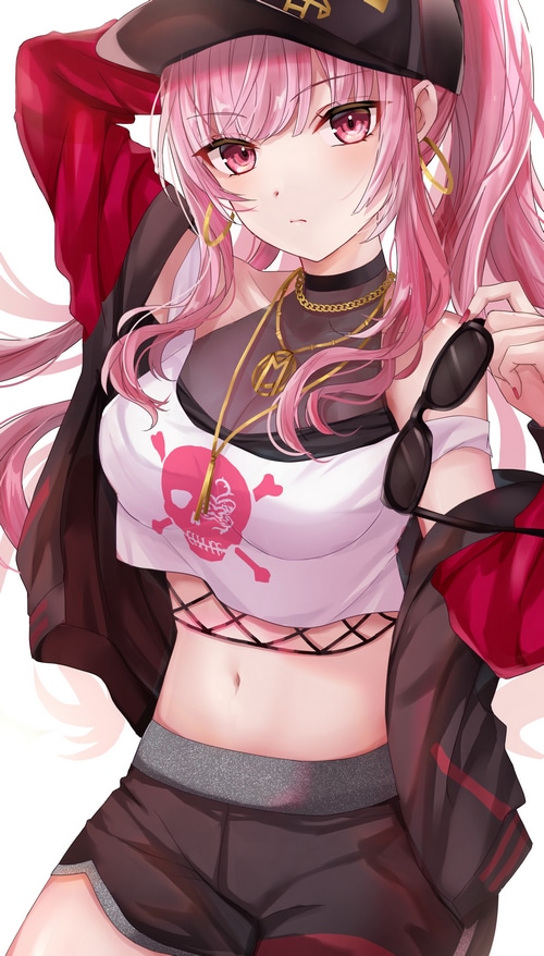 Anime girl with pink hair wearing a skull t-shirt
