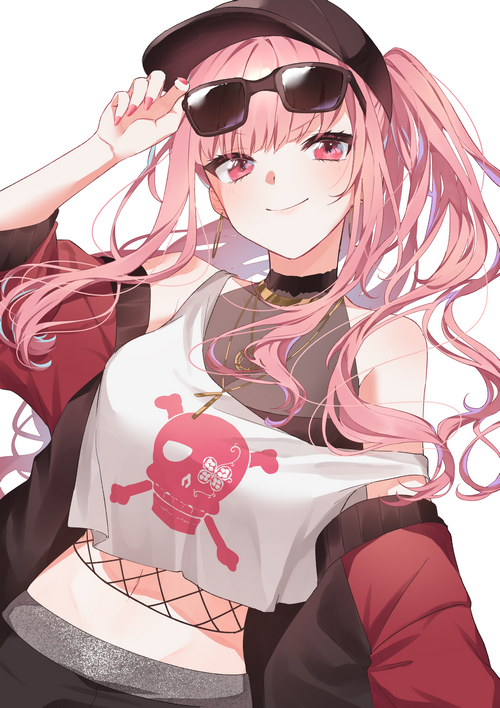 Mori Calliope wearing a skull t-shirt and sunglasses