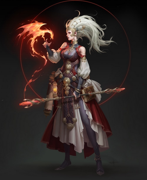 Woman conjuring a fire dragon with a staff