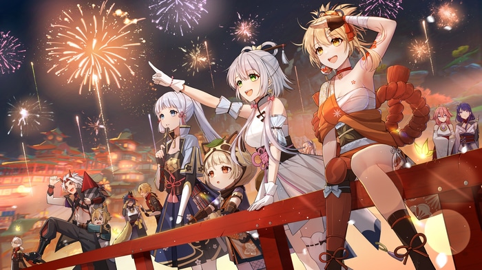 Genshin Impact Characters at a Fireworks Festival