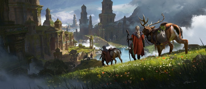 Travelers with a deer and horse near ancient ruins