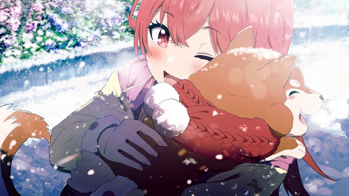 Kaho Komiya and dog in the snow