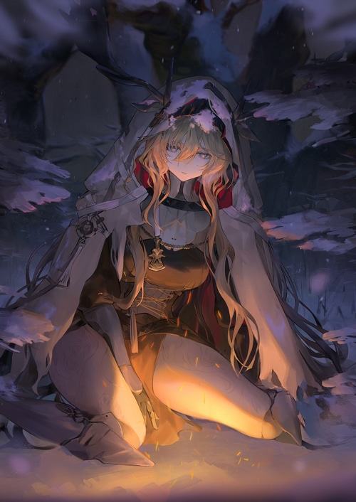 Vivienne from Arknights in a snowy forest