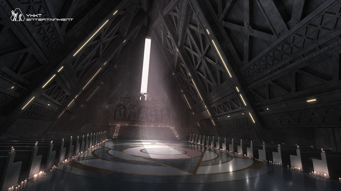 Interior of a dark, futuristic church with candles