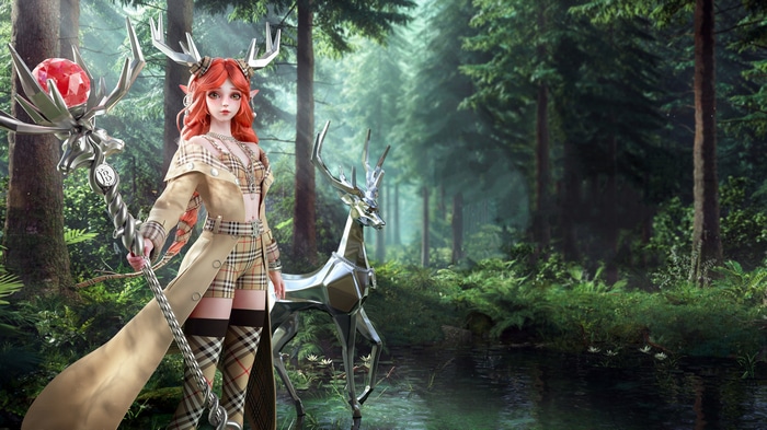 4K Cartoon Elf Girl with Deer in Forest