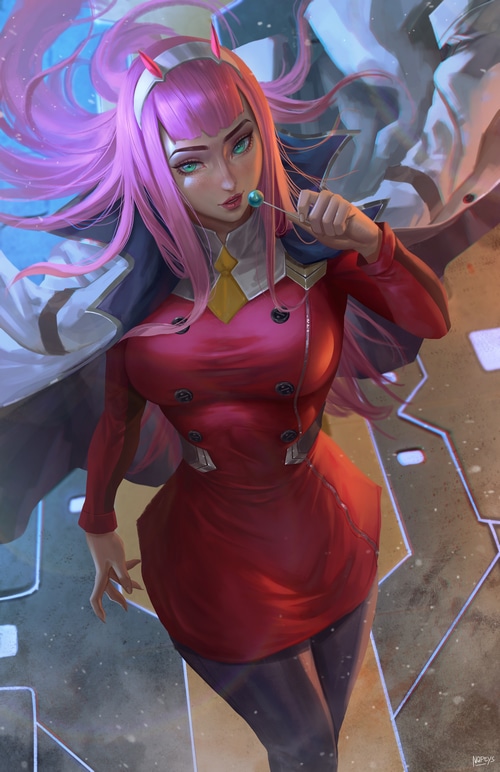 Zero Two from Darling in the FranXX with a lollipop