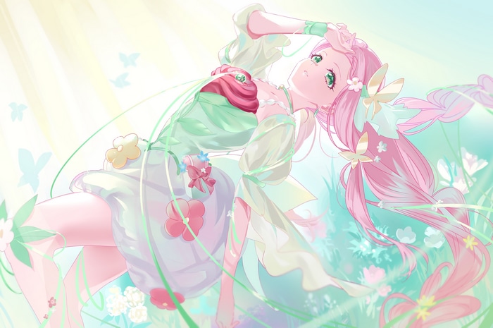 Fantasy girl with pink hair and green eyes in a garden