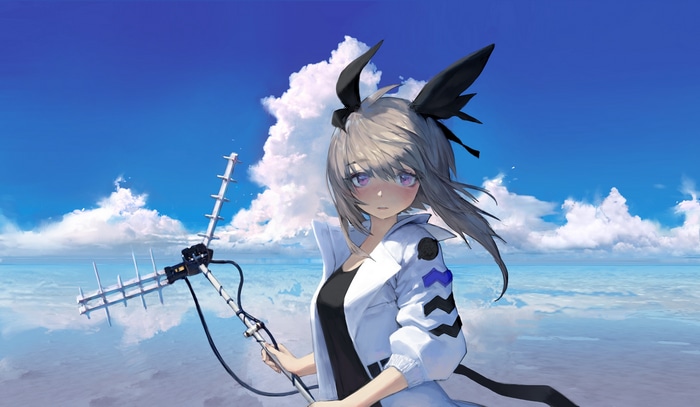 Woman with antenna under a cloudy sky