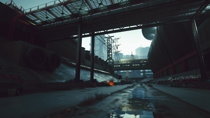 Cyberpunk 2077 industrial cityscape with a canal