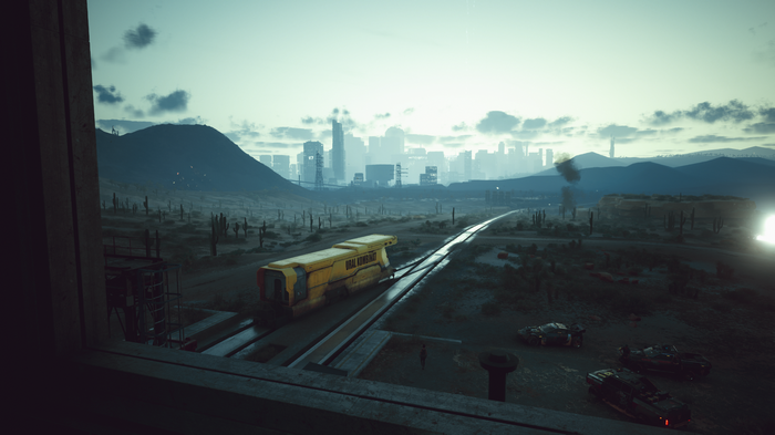 Cyberpunk 2077 desert landscape with city skyline