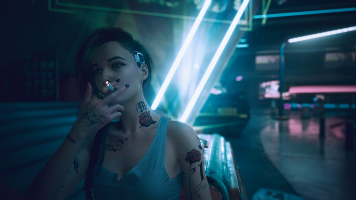 Judy Alvarez smoking in Cyberpunk 2077