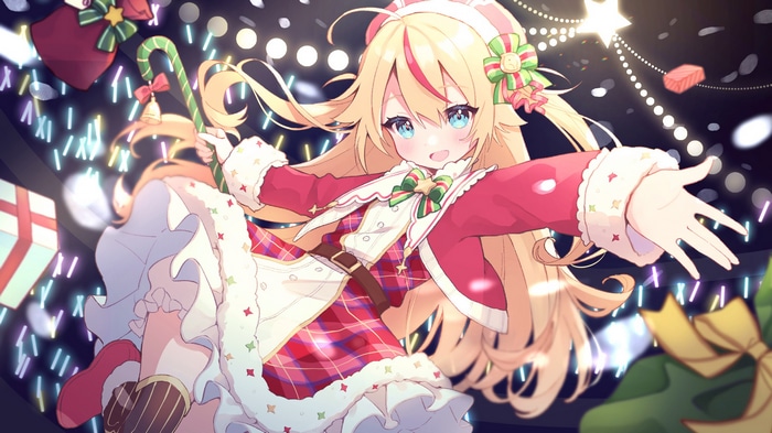 Anime girl in Christmas outfit with candy cane