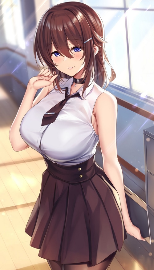 Brunette girl with blue eyes in school uniform