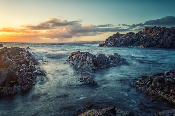 4K Rocky Coastline at Sunset