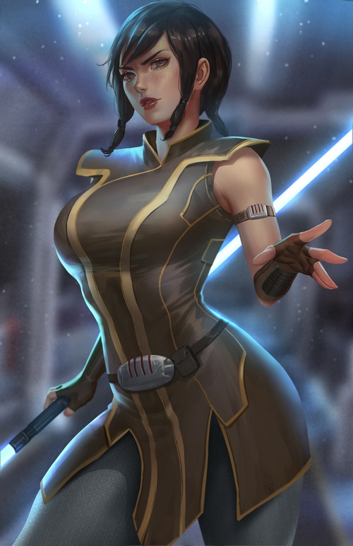 Satele Shan from Star Wars: The Old Republic with a lightsaber