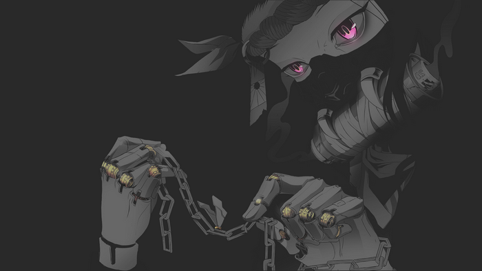 Kamado Nezuko with robotic hands holding a chain