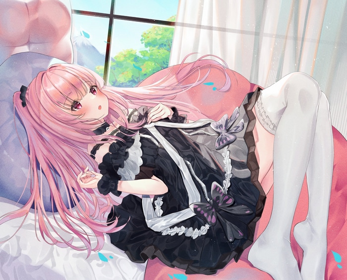 Uruha Rushia in a black dress with pink hair