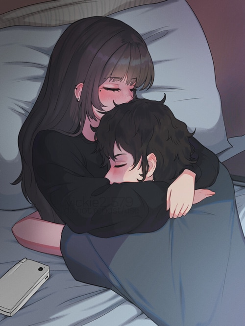 Vickie and anime boy cuddling in bed