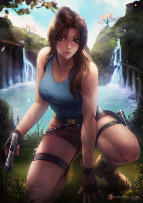 Lara Croft with a gun in a jungle setting