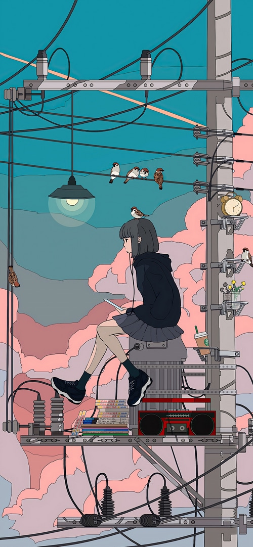 Girl with birds on telephone wires