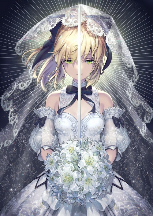 Saber Lily in a Wedding Dress Holding a Bouquet