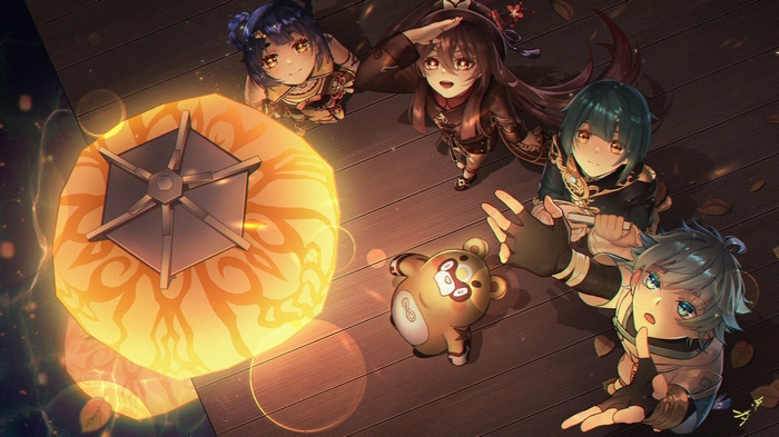 Genshin Impact characters with Guoba and lantern