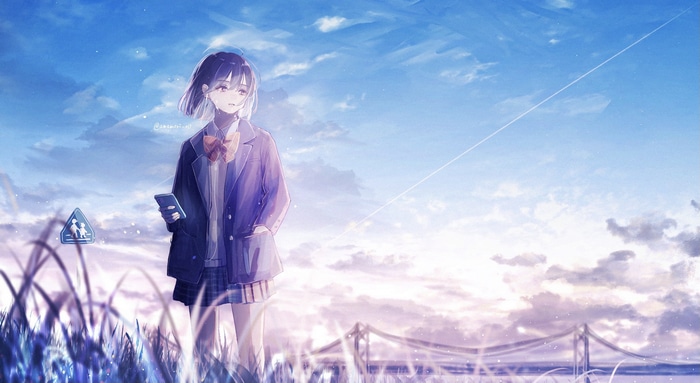 Amenomori Howa in school uniform with smartphone
