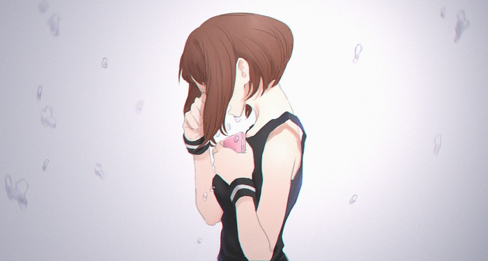 Ochako Uraraka crying with a pink object