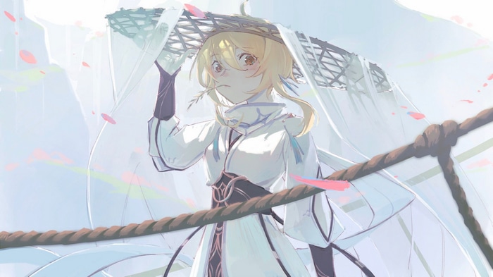 Lumine under a straw hat with petals falling
